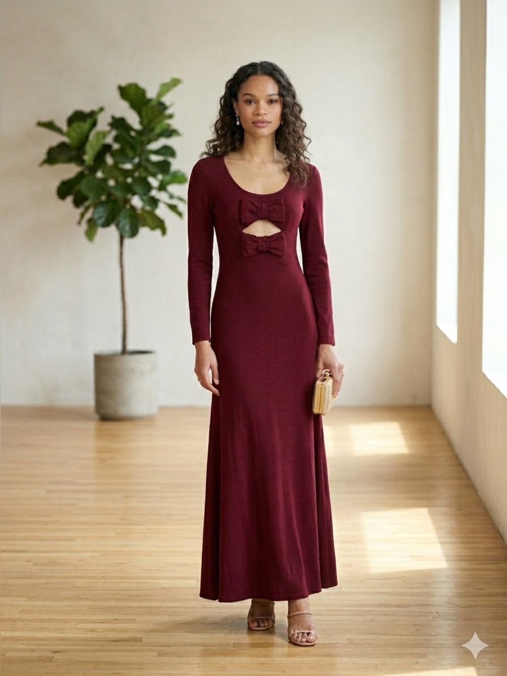Staud burgundy Lido cutout long sleeve maxi dress with bows - XS
